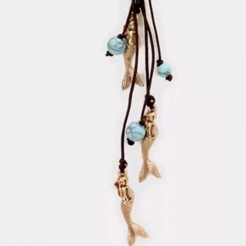 MERMAID‎ leather fringed & Gold Necklace & Earrings Set NWT